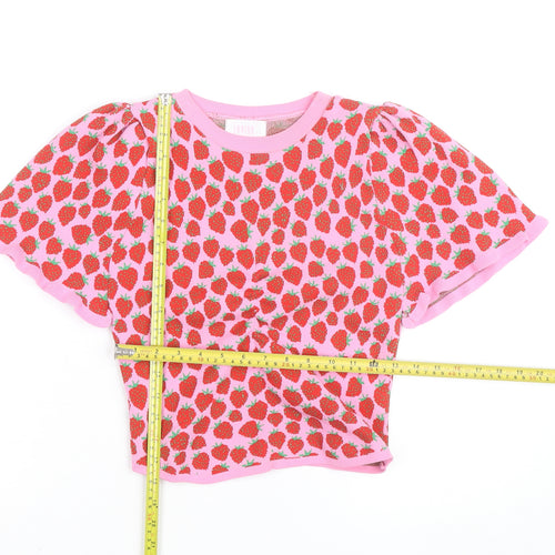Savida Womens Pink Strawberry Print Cropped Knit T-Shirt Size S