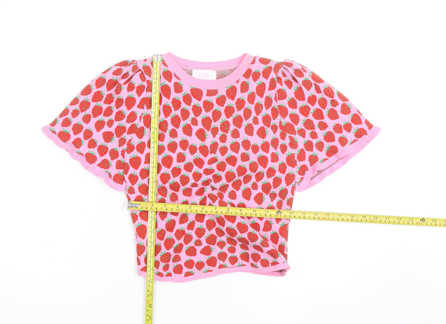 Savida Womens Pink Strawberry Print Cropped Knit T-Shirt Size S