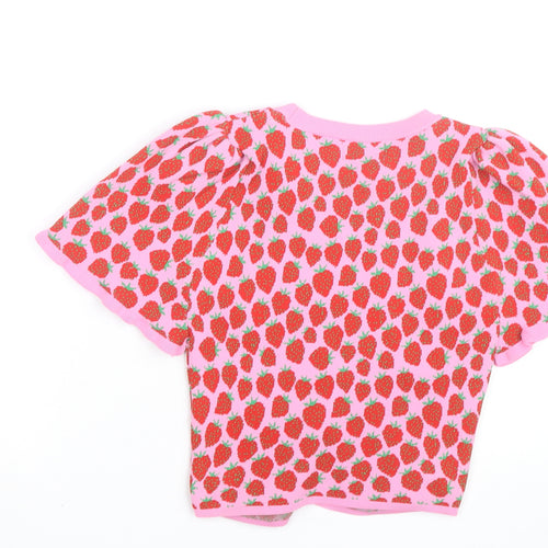 Savida Womens Pink Strawberry Print Cropped Knit T-Shirt Size S