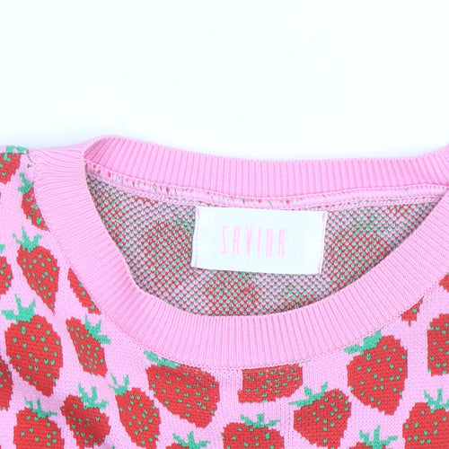 Savida Womens Pink Strawberry Print Cropped Knit T-Shirt Size S