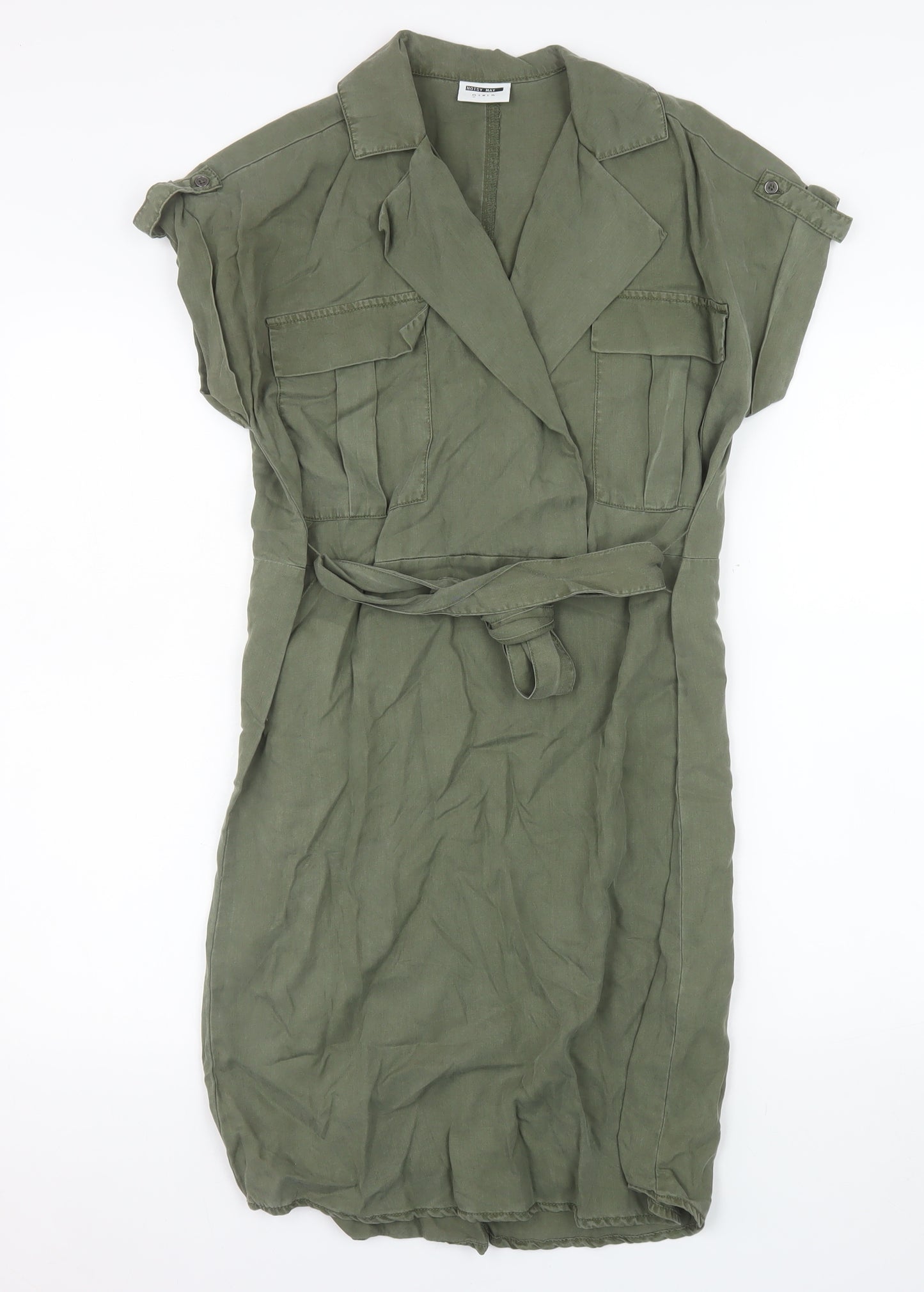 Noisy May Women Green Lyocell Shirt Dress L Lightweight Belted
