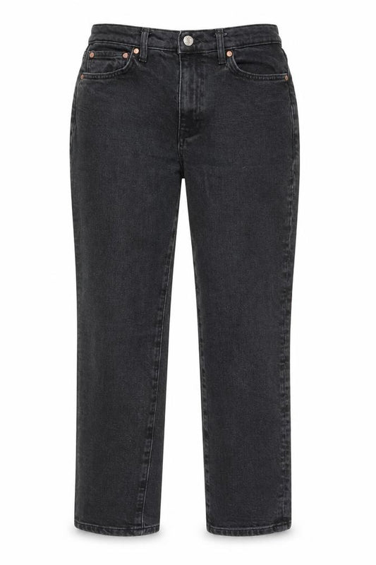 Front view of Mango Women's Black Straight Jeans, size 10 Slim, Fit High Rise