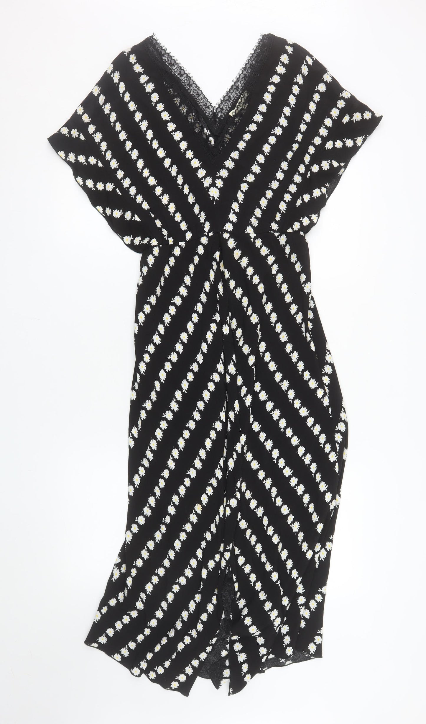 Maje Women's Black Daisy Floral Lace Trim Midi Wrap Dress Size 8
