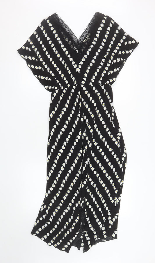 Maje Women's Black Daisy Floral Lace Trim Midi Wrap Dress Size 8