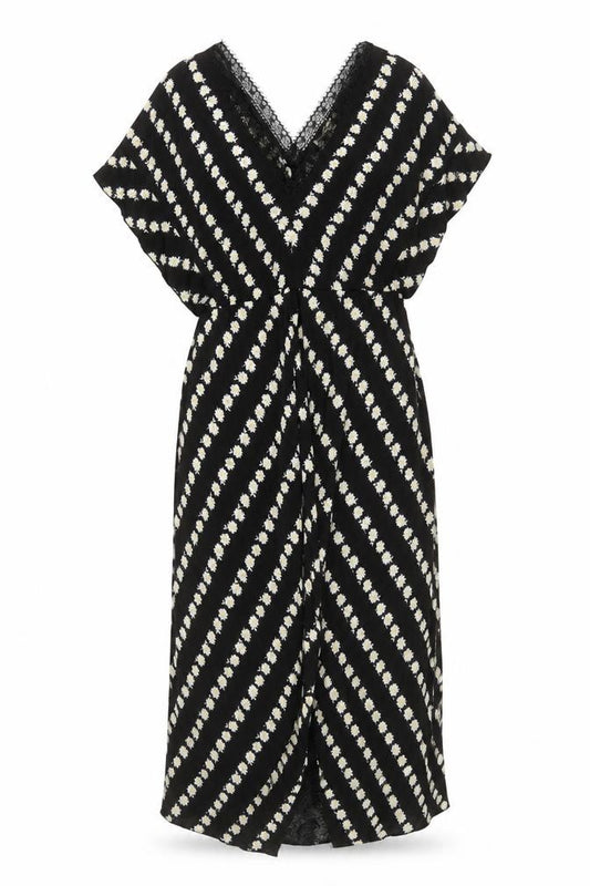 Maje Women's Black Daisy Floral Lace Trim Midi Wrap Dress Size 8