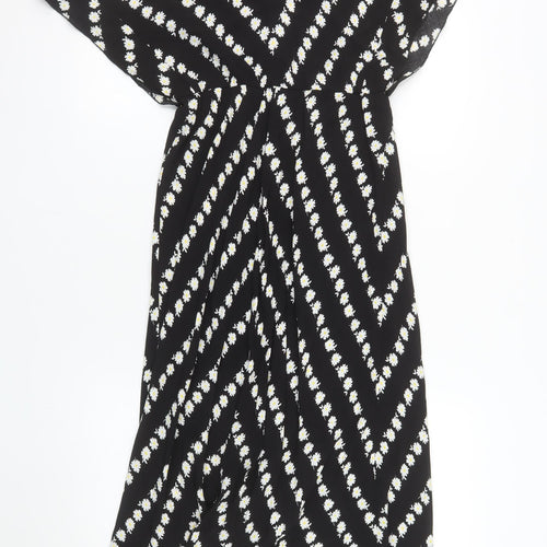 Maje Women's Black Daisy Floral Lace Trim Midi Wrap Dress Size 8
