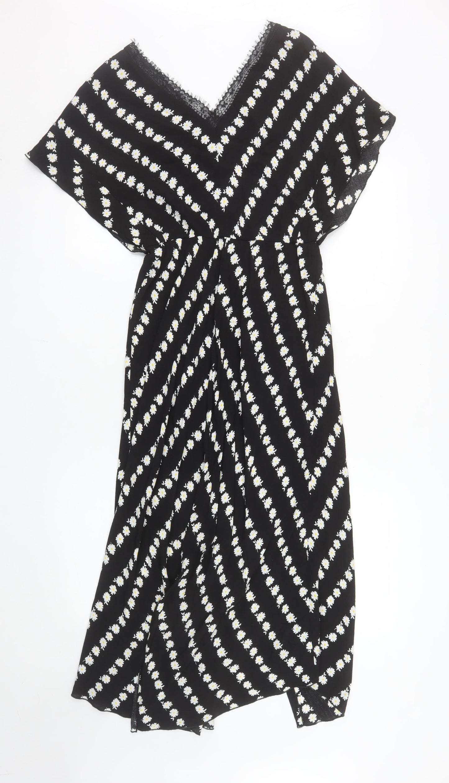 Maje Women's Black Daisy Floral Lace Trim Midi Wrap Dress Size 8