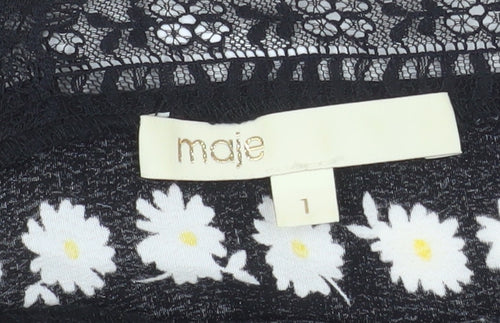 Maje Women's Black Daisy Floral Lace Trim Midi Wrap Dress Size 8