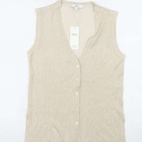 Marks and Spencer Women Beige Sleeveless V-Neck Knit Vest Small