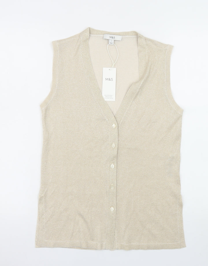 Marks and Spencer Women Beige Sleeveless V-Neck Knit Vest Small