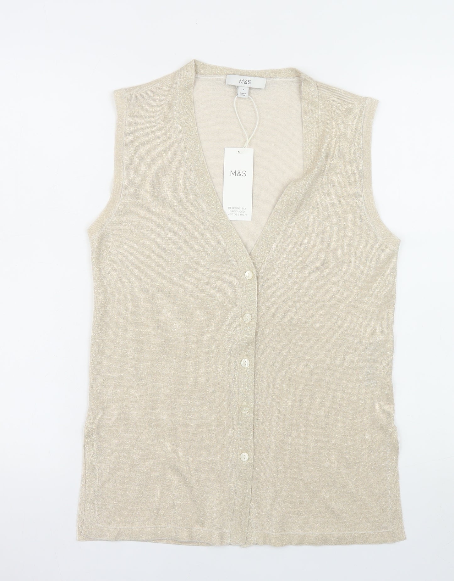Marks and Spencer Women Beige Sleeveless V-Neck Knit Vest Small