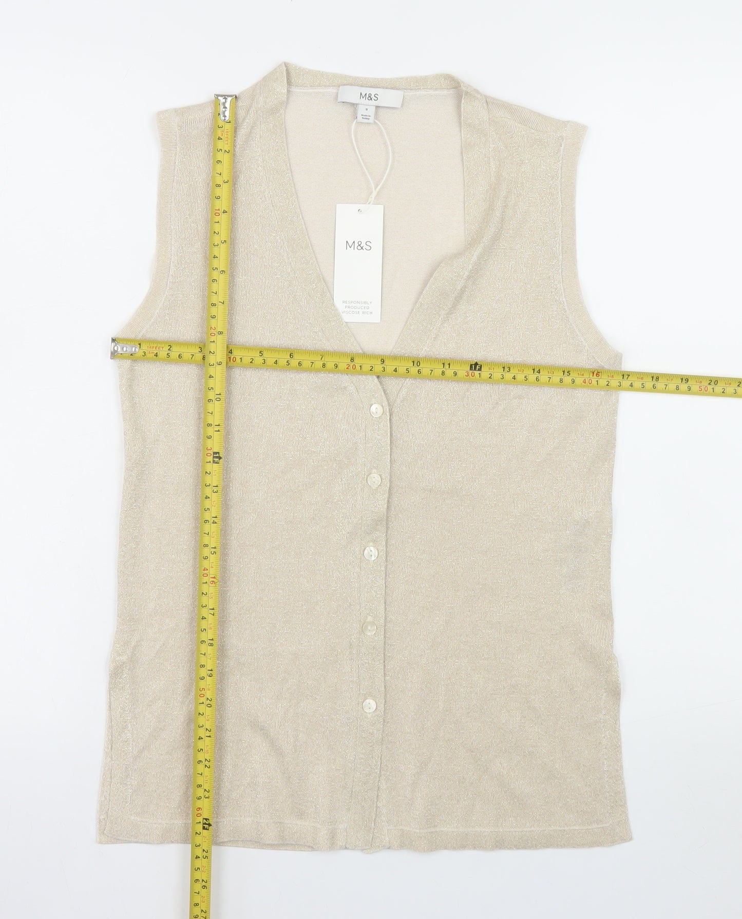 Marks and Spencer Women Beige Sleeveless V-Neck Knit Vest Small