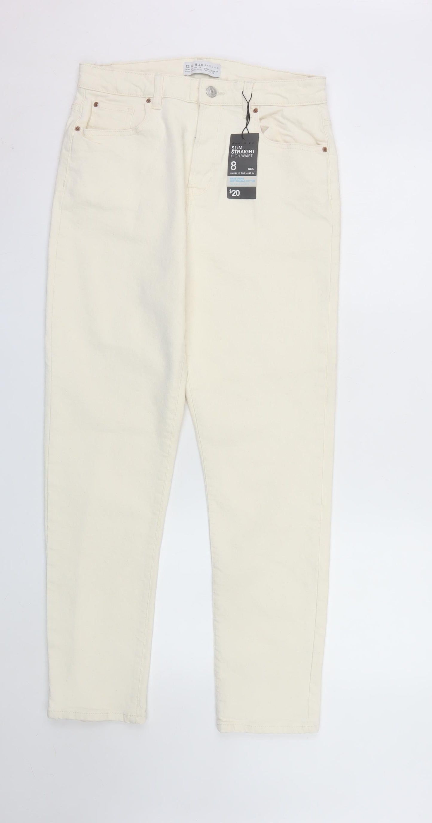 Primark Women Ivory Slim Straight High Waist Denim Jeans Size 12