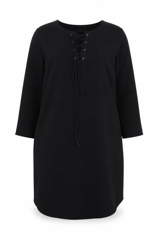 Front view of Hush Women Black, size 16, Shift Lace Up Knee Length Dress