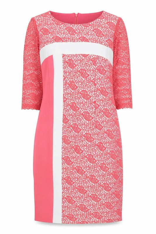 Front view of Moncho Heredia Women’s Pink Lace Sheath Dress, size UK 12, Formal Wedding