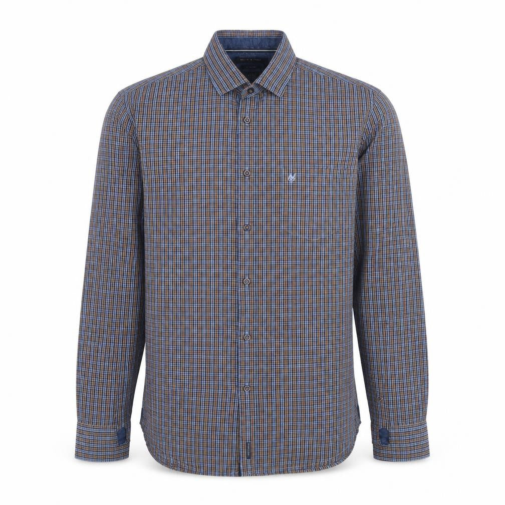 Marc O'Polo Men's Blue Check Cotton Regular Fit Long Sleeve Shirt L