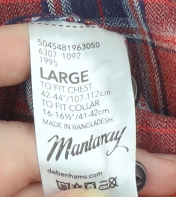 Mantaray Men's Red Check Flannel Button-Up Shirt Size L Long Sleeve