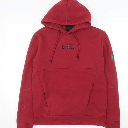 Diesel Men's Red Pullover Hoodie XS Logo Cotton Blend