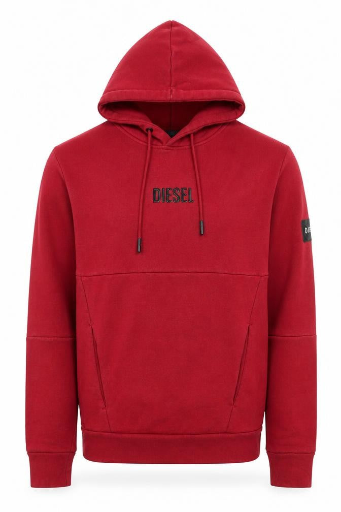 Front view of Diesel Men's Red Pullover Hoodie XS Logo Cotton Blend