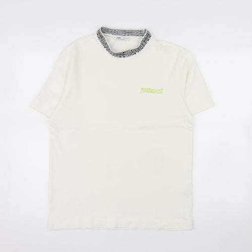 Zara Men's White Short Sleeve Crew Neck Cotton T-Shirt S Checker Collar
