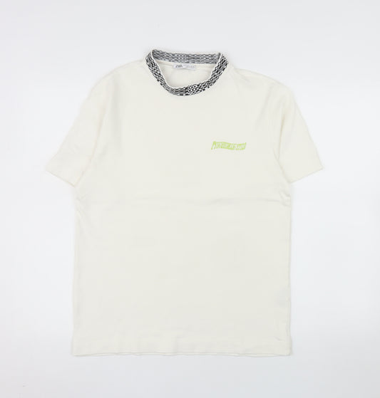 Zara Men's White Short Sleeve Crew Neck Cotton T-Shirt S Checker Collar