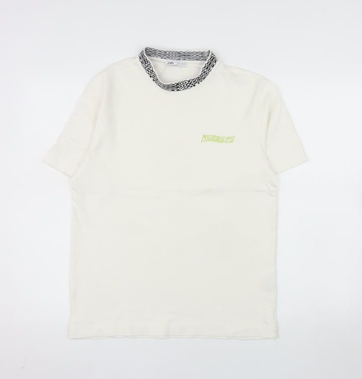 Zara Men's White Short Sleeve Crew Neck Cotton T-Shirt S Checker Collar
