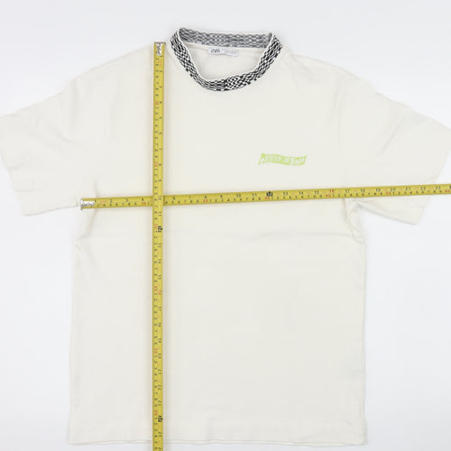 Zara Men's White Short Sleeve Crew Neck Cotton T-Shirt S Checker Collar