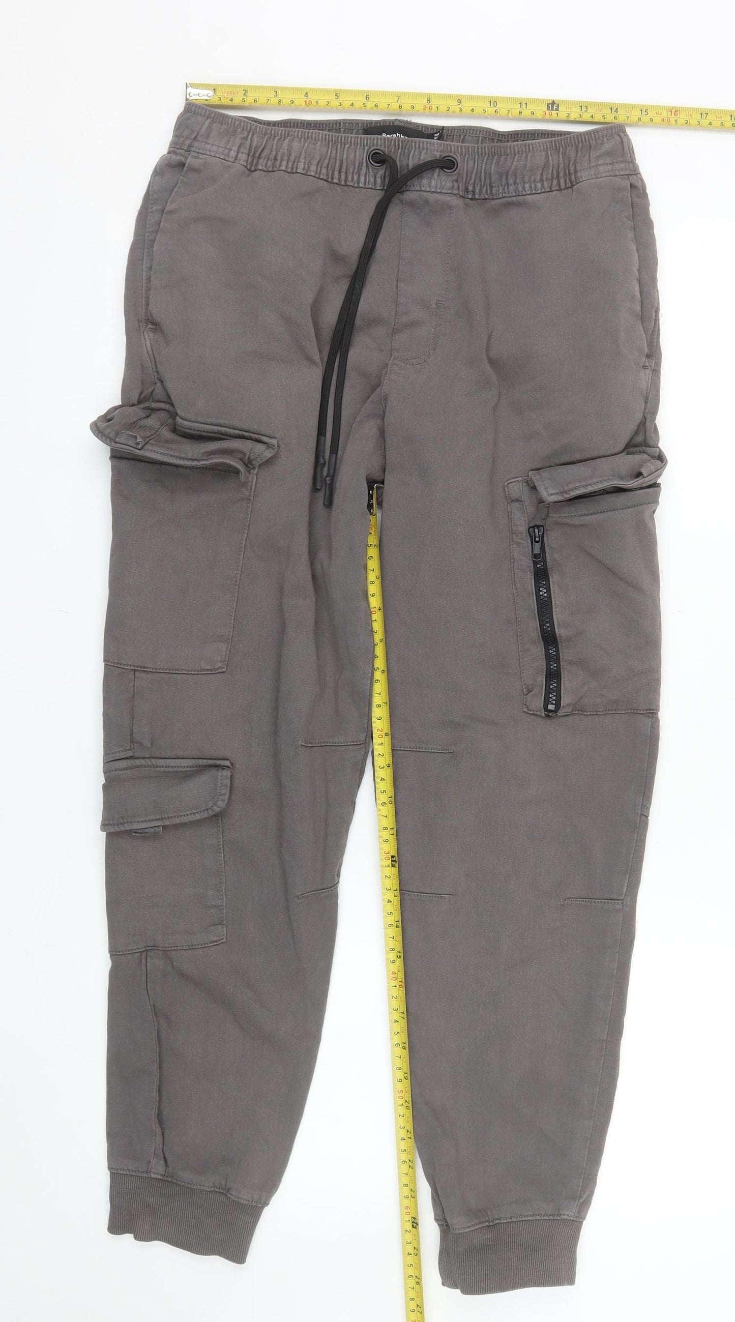 Bershka Men’s Grey Cargo Jogger Trousers Size M Elastic Waist