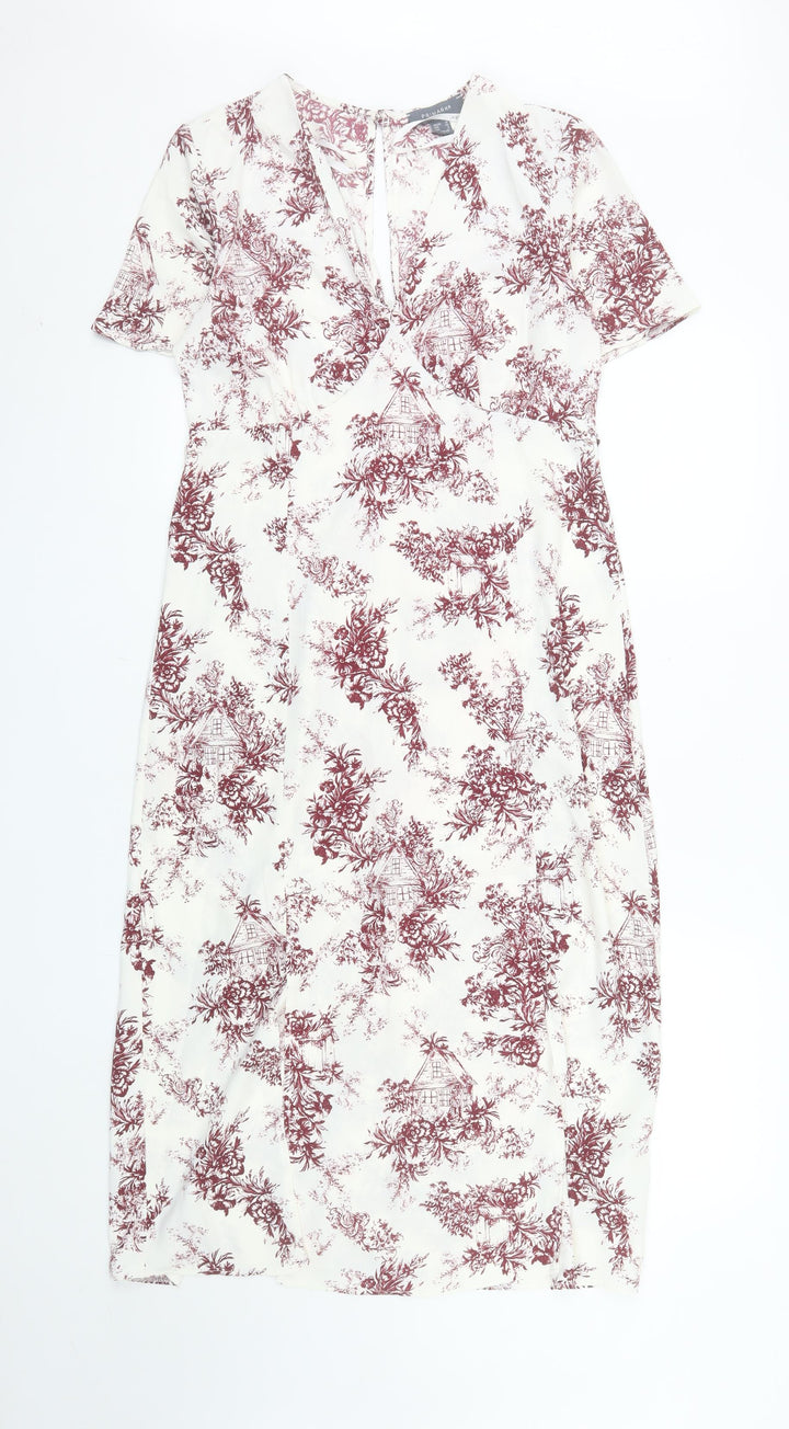 Primark Women White Floral Midi Wrap Dress Size 10 Short Sleeve