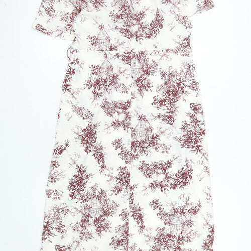 Primark Women White Floral Midi Wrap Dress Size 10 Short Sleeve