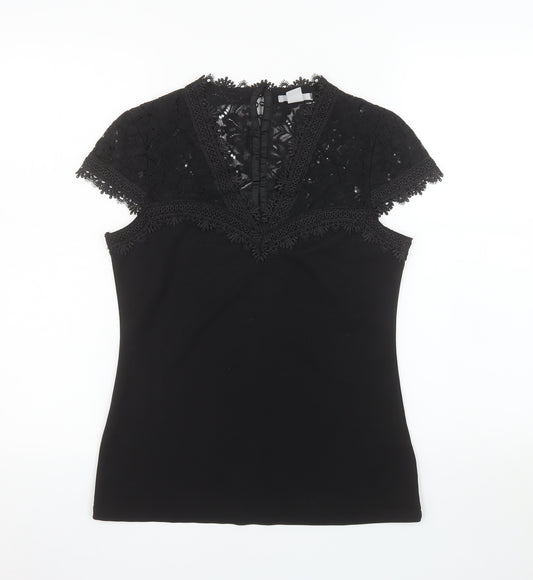 H&M Women’s Black Lace Trim Short Sleeve V-Neck Blouse Size 8