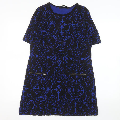 Dunnes Women Blue Black Shift Dress Size 12 Short Sleeve Zip Detail