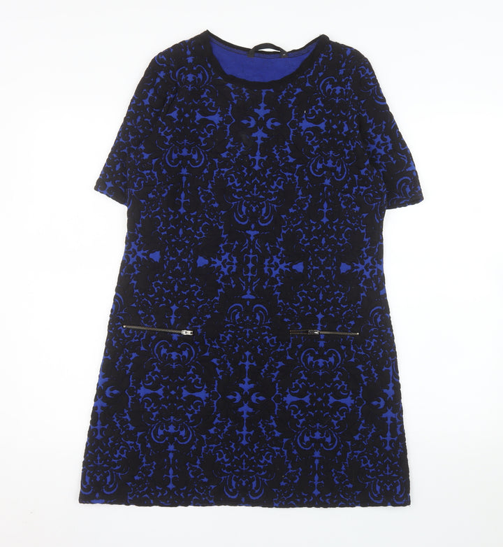 Dunnes Women Blue Black Shift Dress Size 12 Short Sleeve Zip Detail