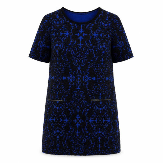 Front view of Dunnes Women Blue Black Shift Dress, size 12, Short Sleeve Zip Detail