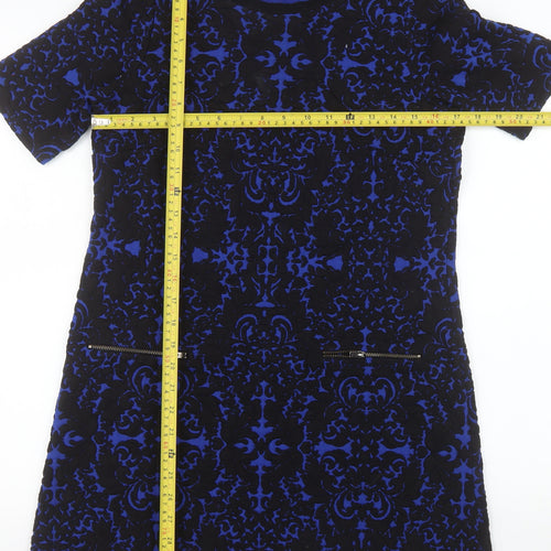 Dunnes Women Blue Black Shift Dress Size 12 Short Sleeve Zip Detail