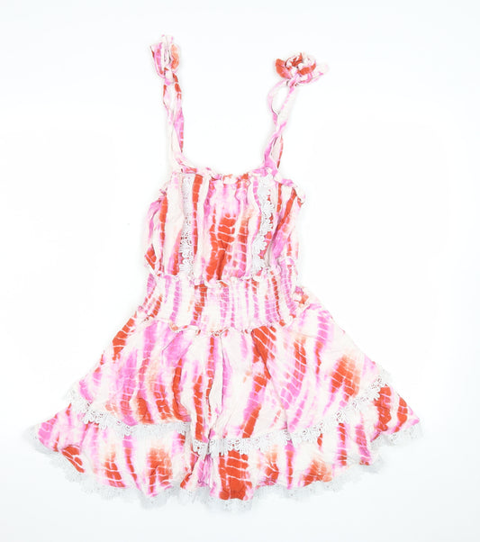 River Island Women’s Pink Orange Tie Dye Lace Trim Playsuit UK 10