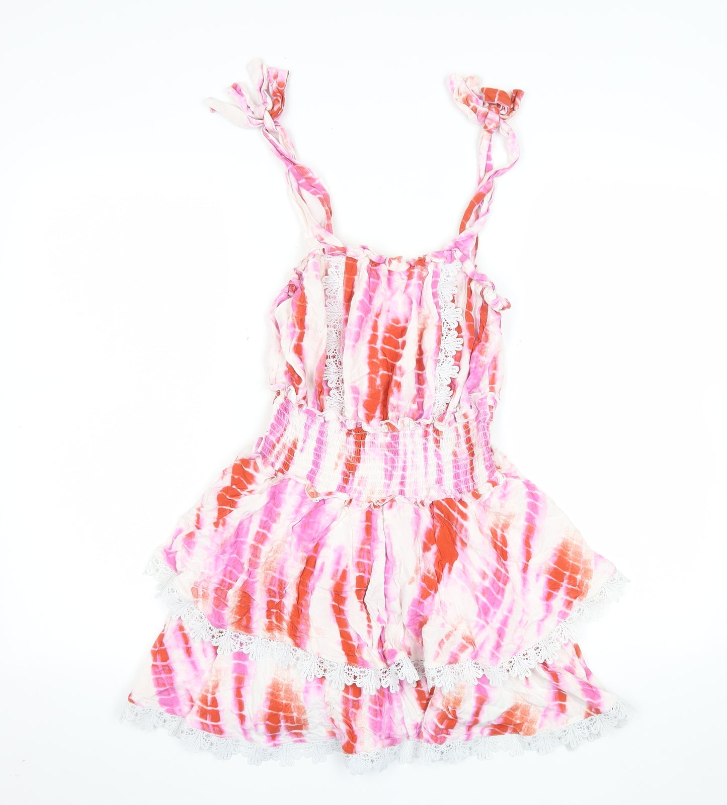 River Island Women’s Pink Orange Tie Dye Lace Trim Playsuit UK 10