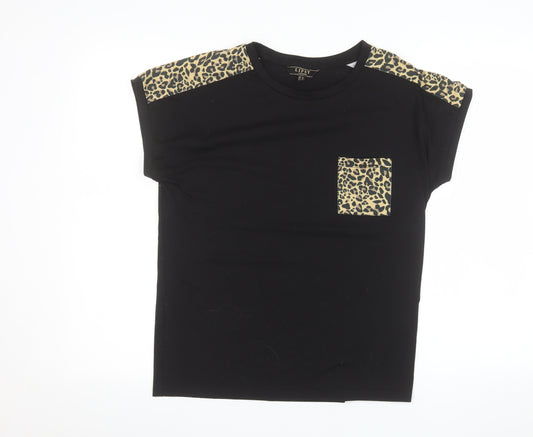 Lipsy Women’s Black Leopard Print Shoulder Pocket T-Shirt Size 10
