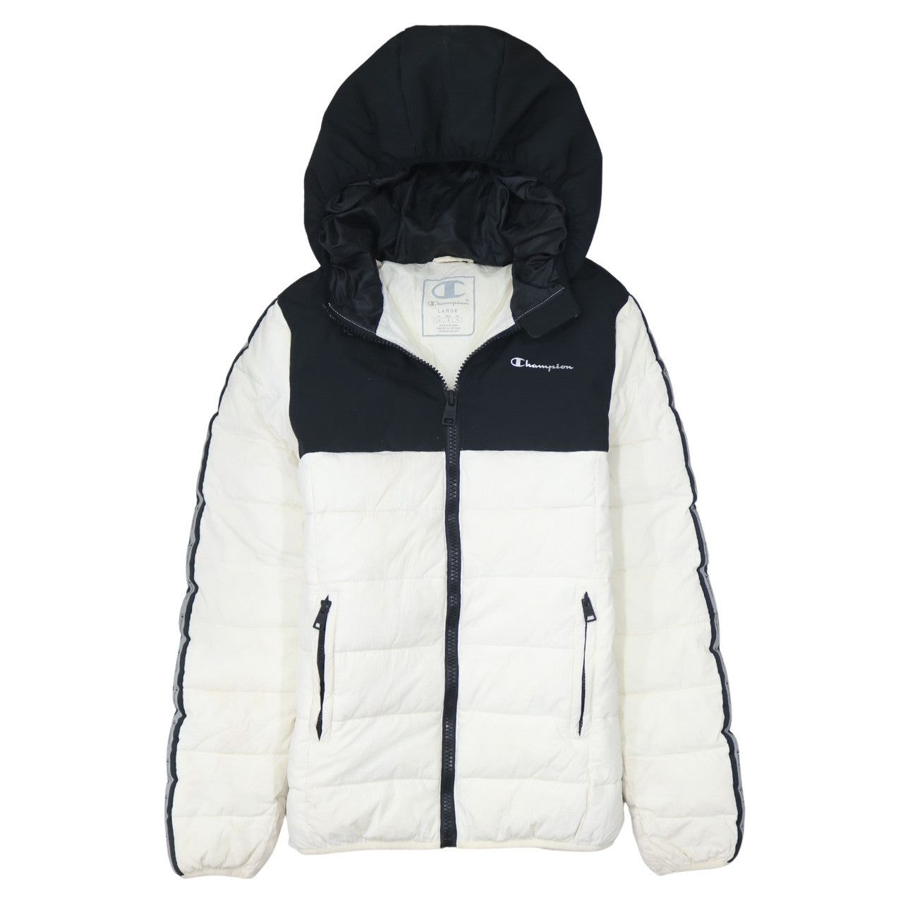 Champion Men's Black White Hooded Puffer Jacket Size L