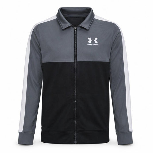 Front view of Under Armour boys’ grey black track jacket ylg 13 years full zip polyester