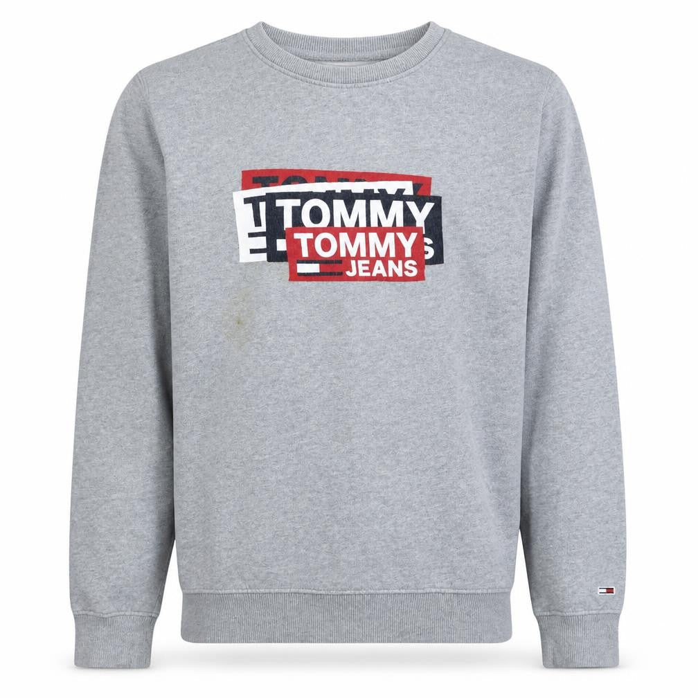 Front view of Tommy Jeans men’s grey logo crew neck sweatshirt, size M
