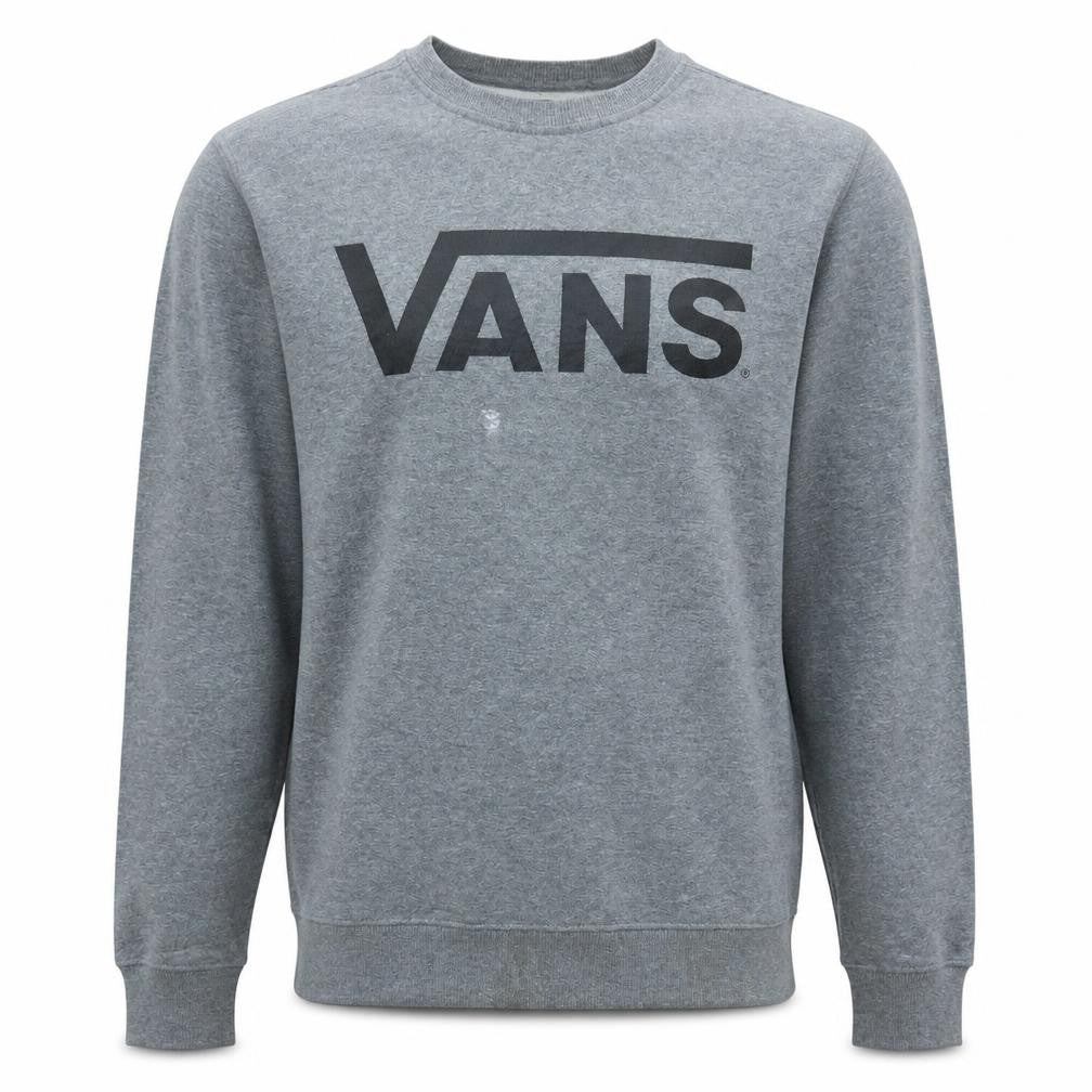 Front view of Vans men’s grey small pullover sweatshirt crew neck logo skate