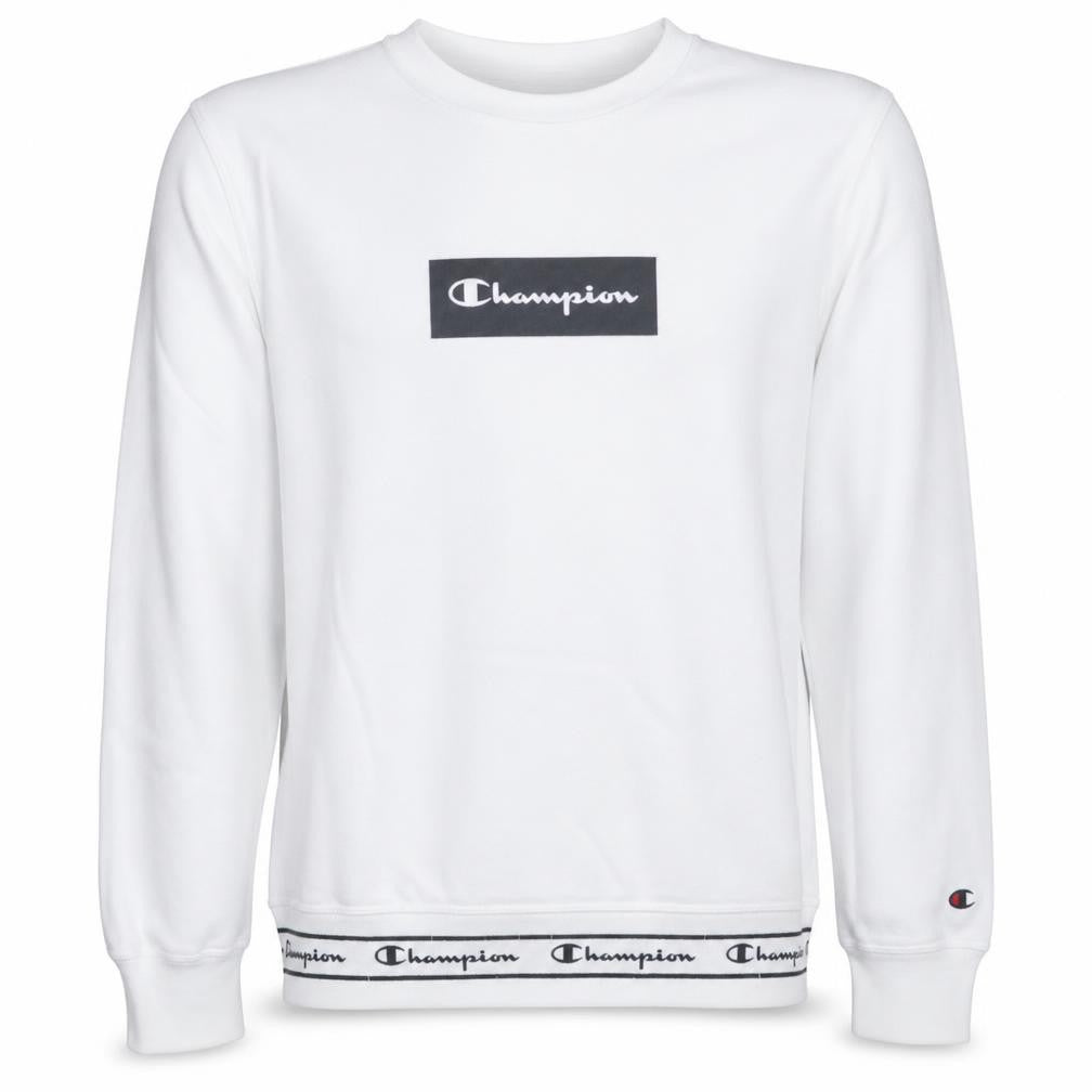 Front view of Champion men’s white crew neck sweatshirt large cotton blend logo style