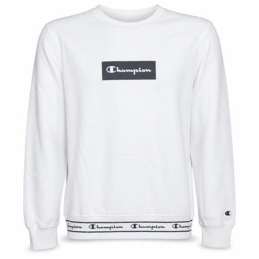 Front view of Champion men’s white crew neck sweatshirt large cotton blend logo style
