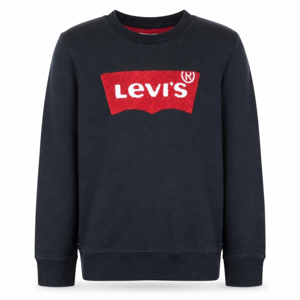 Front view of Levi's boys’ black logo crew neck pullover sweatshirt, size 12, years