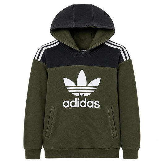 Front view of Adidas boys’ green colourblock pullover hoodie 13-14 years hooded sweatshirt