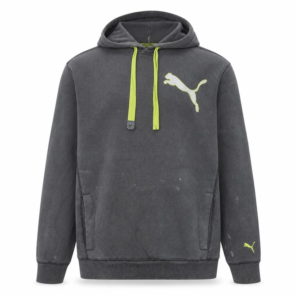 Front view of Puma men’s grey hooded pullover sweatshirt l logo sportswear