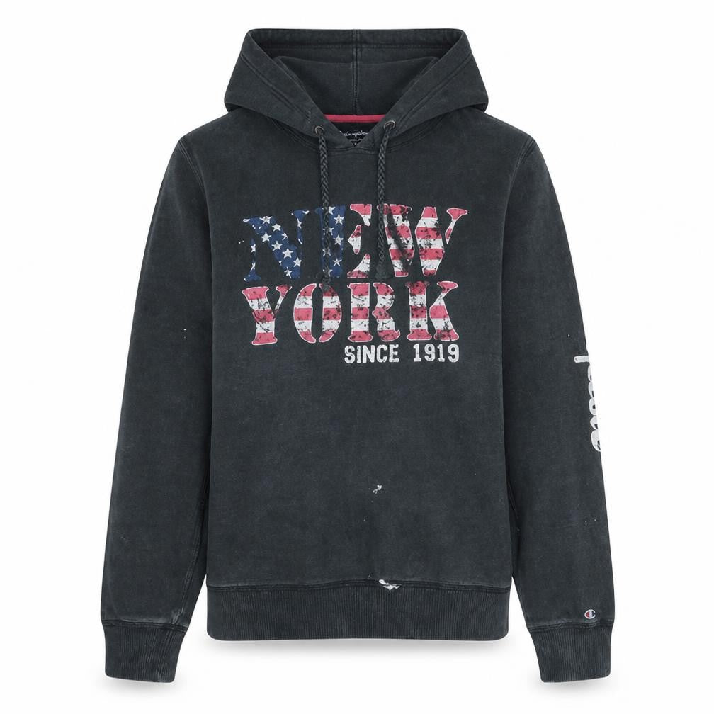 Front view of Champion Women's Black Pullover Hoodie L 'New York' Graphic Print
