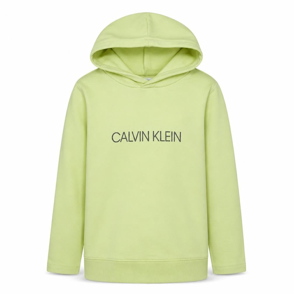 Front view of Calvin Klein Jeans women’s light green hoodie, size UK 14, cotton pullover