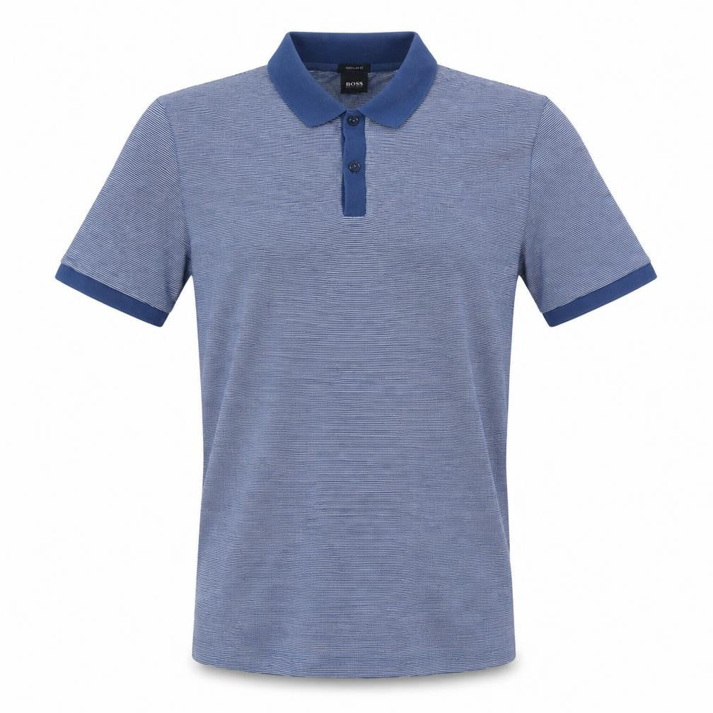 Front view of Hugo Boss Men’s Blue Striped Regular Fit Polo Shirt, size M